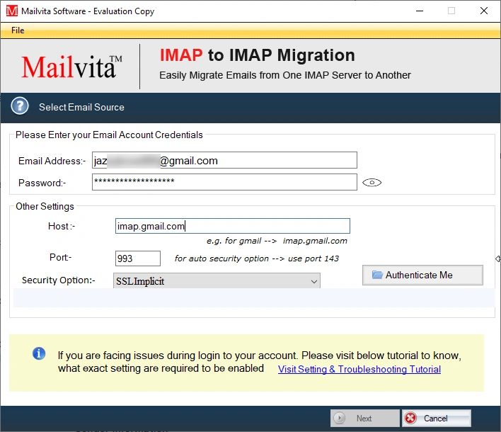 authenticate imap account